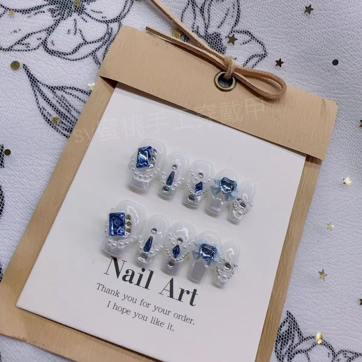 Blue Rhinestone French Style Long T False Nails Patch Finishe Nail Cat’s Eye Gradient Wearing Fake Nail Reused Nail Accessories