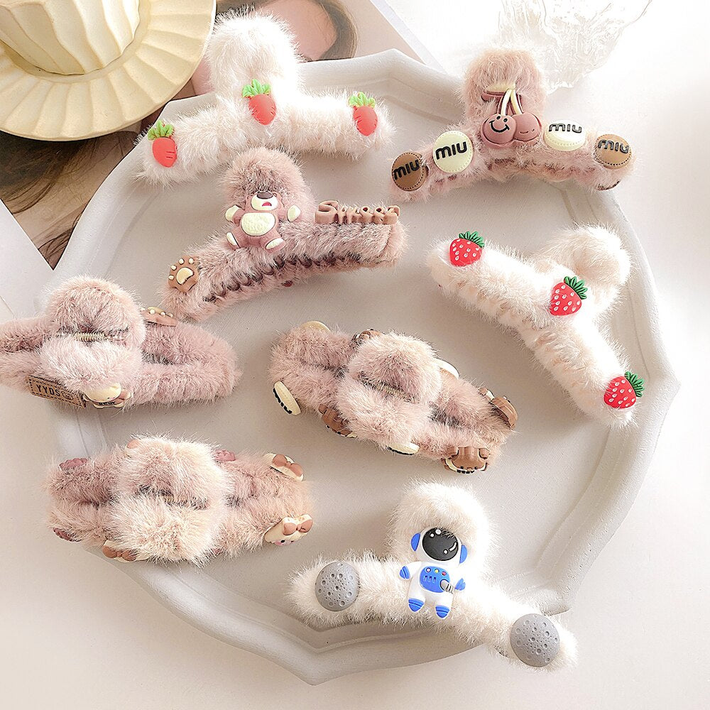 Cute Plush Heart Cartoon Bow Hair Claws For Women Girls Shark Hair Clips Hair Accesseries