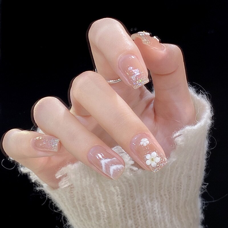 24pcs removeable short fake nails with glue Nude Pink artificial false nails with diamond designs acrylic press on nails