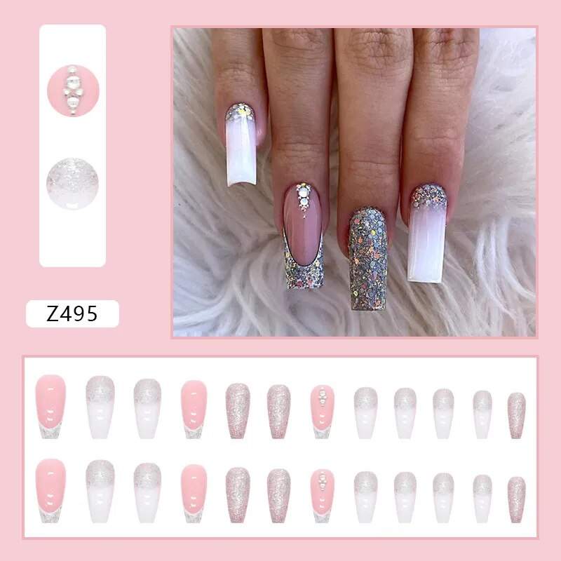 24Pcs Long Coffin False Nails Gold Glitter Sequins Designs Press On Full Cover Fake Nails Tips Wearable Manicure Art