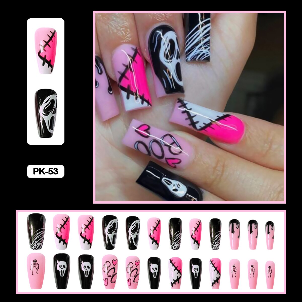 24PCS Dark Punk False Nails with Glue Gradient Long Detachable Fire Stick on Nails Skull Flame  Art DIY Fashion Manicure Tool