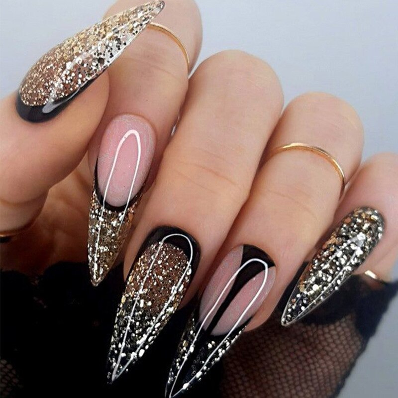 24Pcs Love Pattern French Fake Nails with Pearl Almond Nail Art Tips Long Stiletto Finished False Nails Wearable Press on Nails