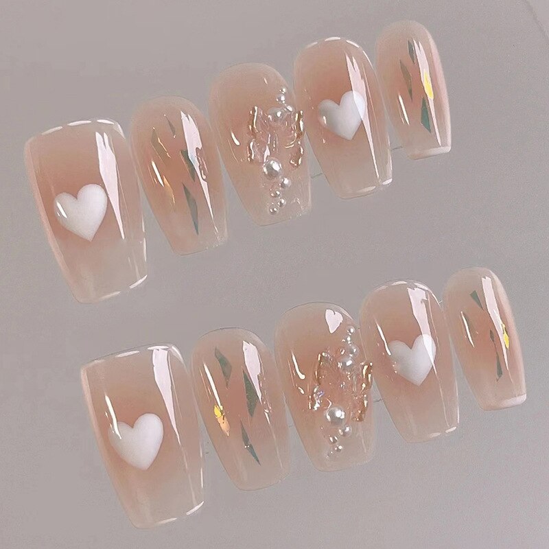 24pcs Bridal Nail Art tips with design press on nails long false nails glue coffin nail tips Rhinestones Glitter stick on nails