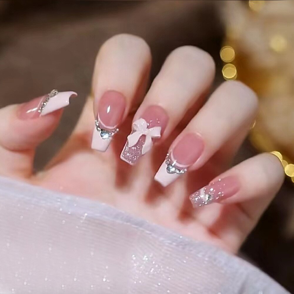 24pcs/box gradient French artifical nails with glue shiny star Fake Nails Lovely Girl korean press on nails ballerina False Nail