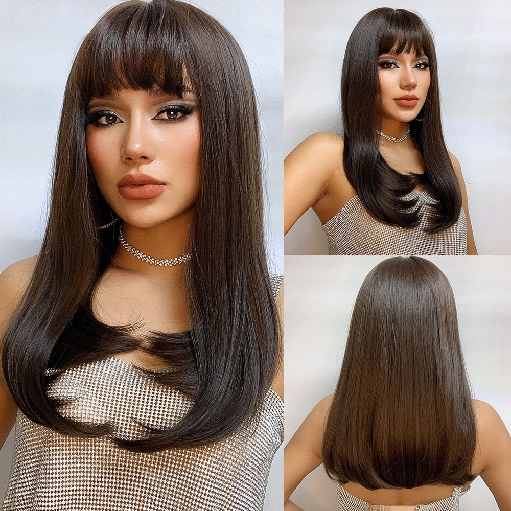 Light Wine Red Synthetic Wigs With Bangs for Women Long Straight Hair Wig Natural Cosplay Party Heat Resistant