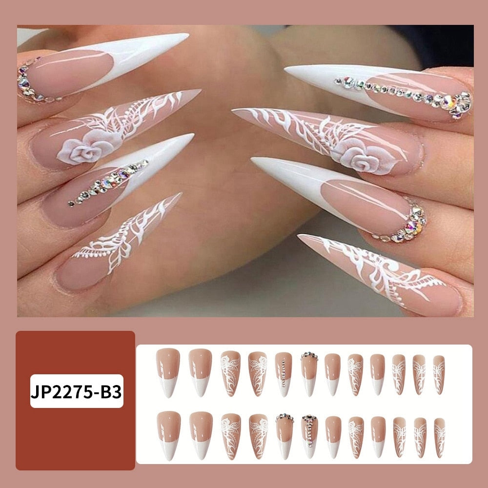 Long Almond Ballet False Nail White Flower Pattern Nail Art Decoration Rhinestone Shiny Accessories Wearable Press On Fake Nail