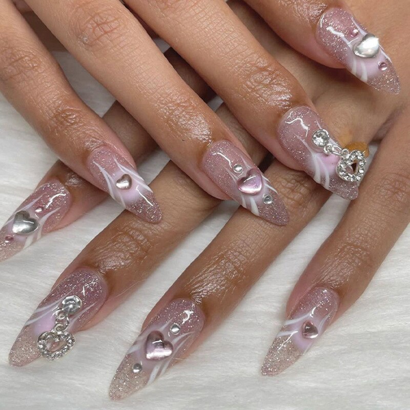 24pcs Bridal Nail Art tips with design press on nails long false nails glue coffin nail tips Rhinestones Glitter stick on nails