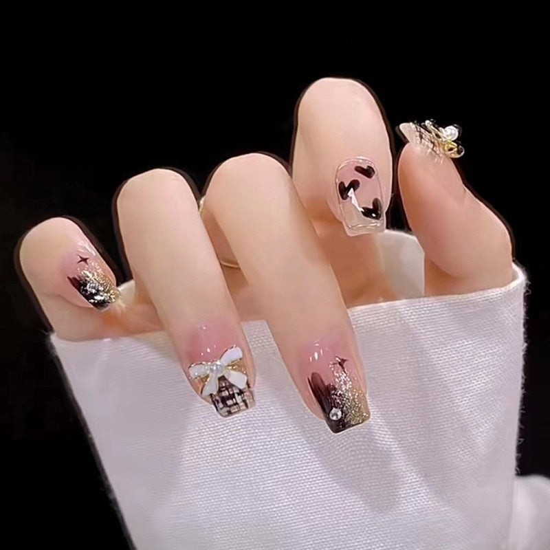 24pcs Wearable korean press on nails short ballet Artificial Nails with glue Cute sweet cool Pearl diamond Designs Fake Nails