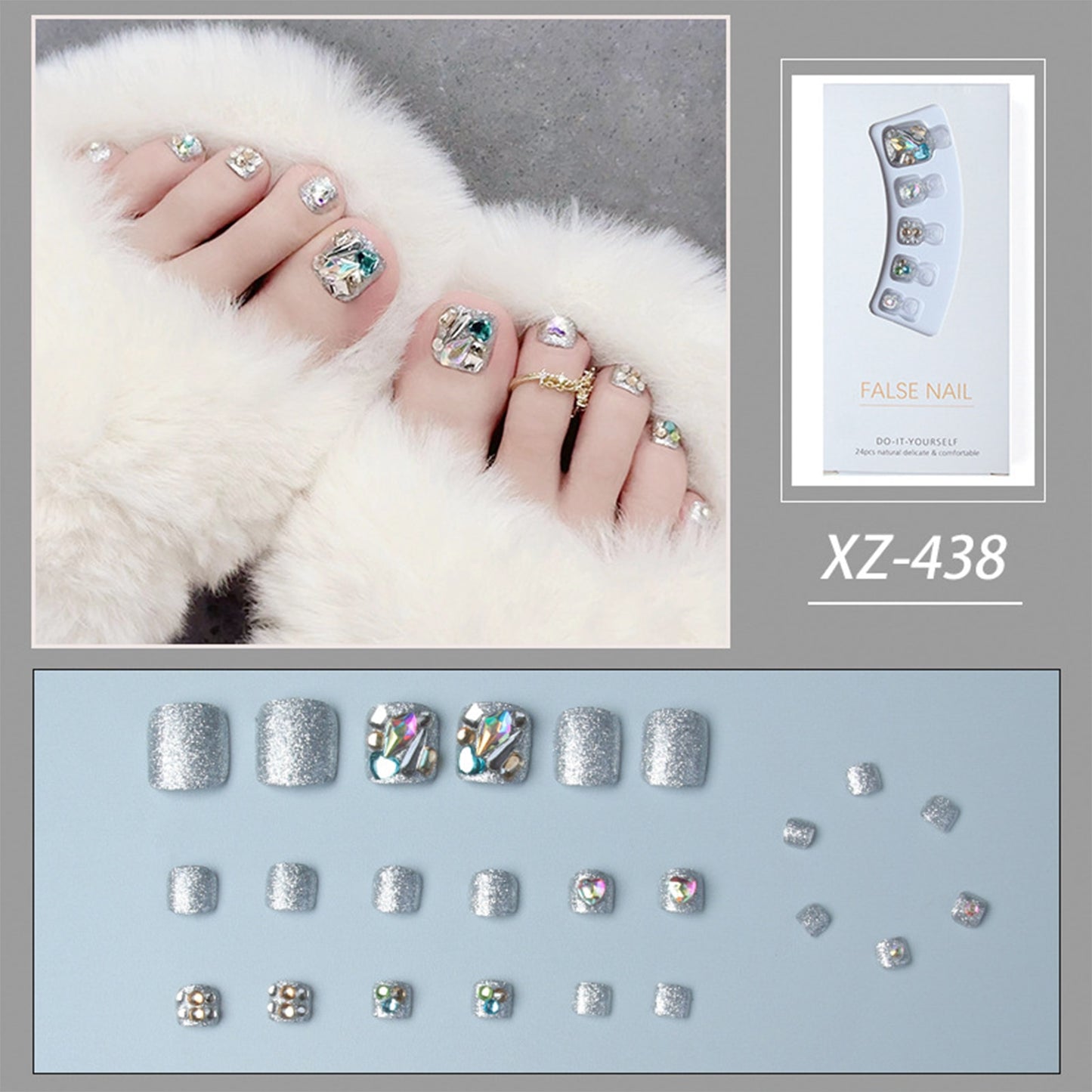 Gold Full Diamond Feet Nails Press On Fake Glitter Toe Nail Stickers Full Cover Toe Nail Tips False Foot Nails