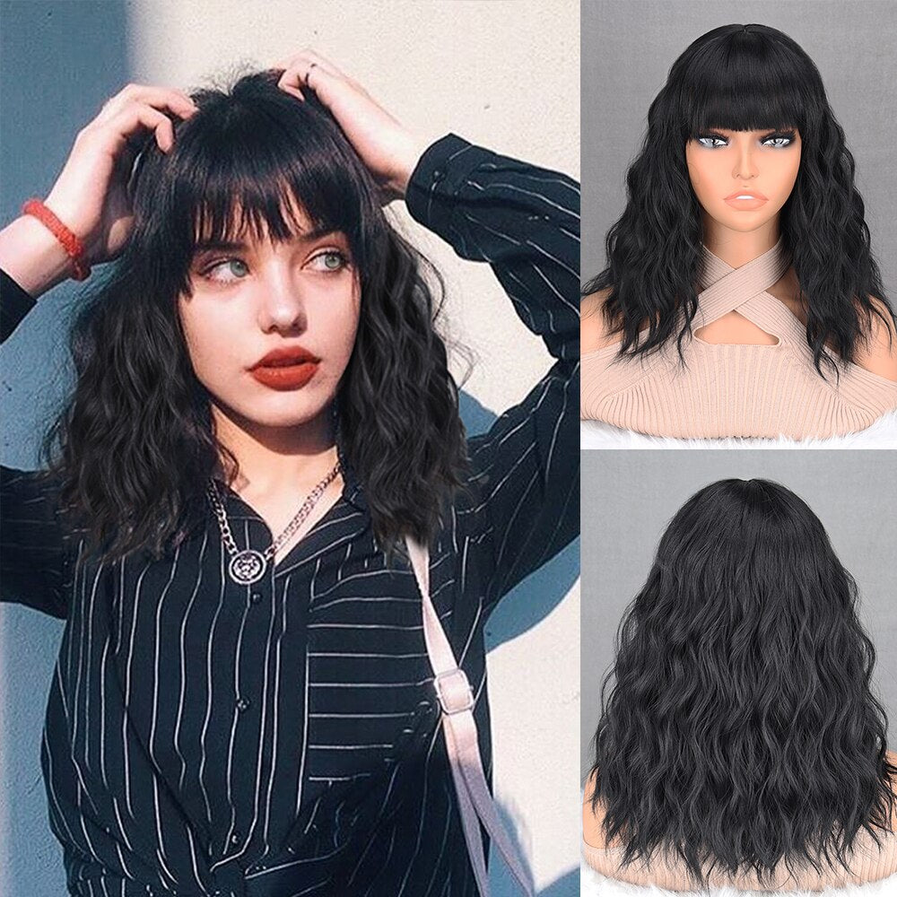 Short Bob Brown Dark Blue Synthetic Wig Women's Bangs Dark Blue Pink Black Wig Lolita Party Cosplay Everyday Use Natural Hair