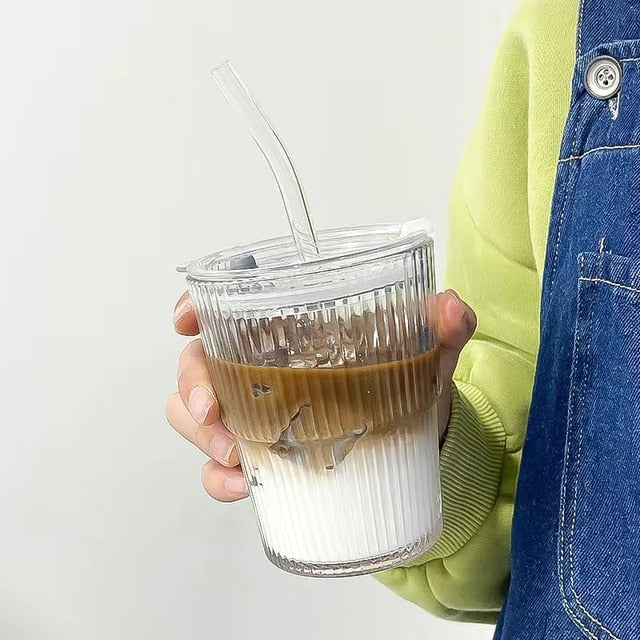 450ml Simple Stripe Coffee Glass Cup With Lid and Straw Transparent Bubble Tea Cup Juice Glass Milk Mocha Cups Breakfast Mug