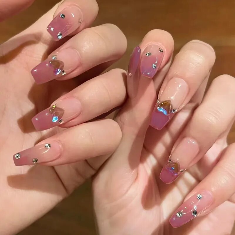 24pcs Wearable korean press on nails short ballet Artificial Nails with glue Cute sweet cool Pearl diamond Designs Fake Nails