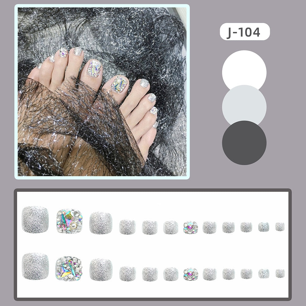 Gold Full Diamond Feet Nails Press On Fake Glitter Toe Nail Stickers Full Cover Toe Nail Tips False Foot Nails