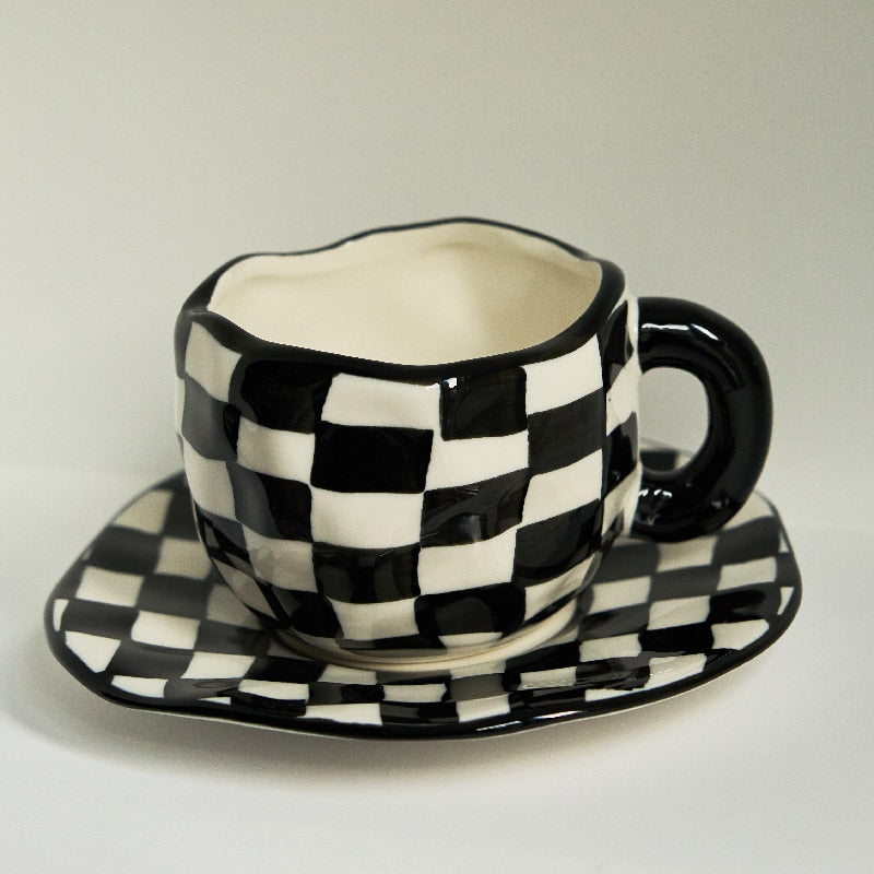 Chessboard Cup Irregular Handmade Ceramic Mug Coffee Tea Milk Water Cup Pink Girl Cup with Tray Cute Cup