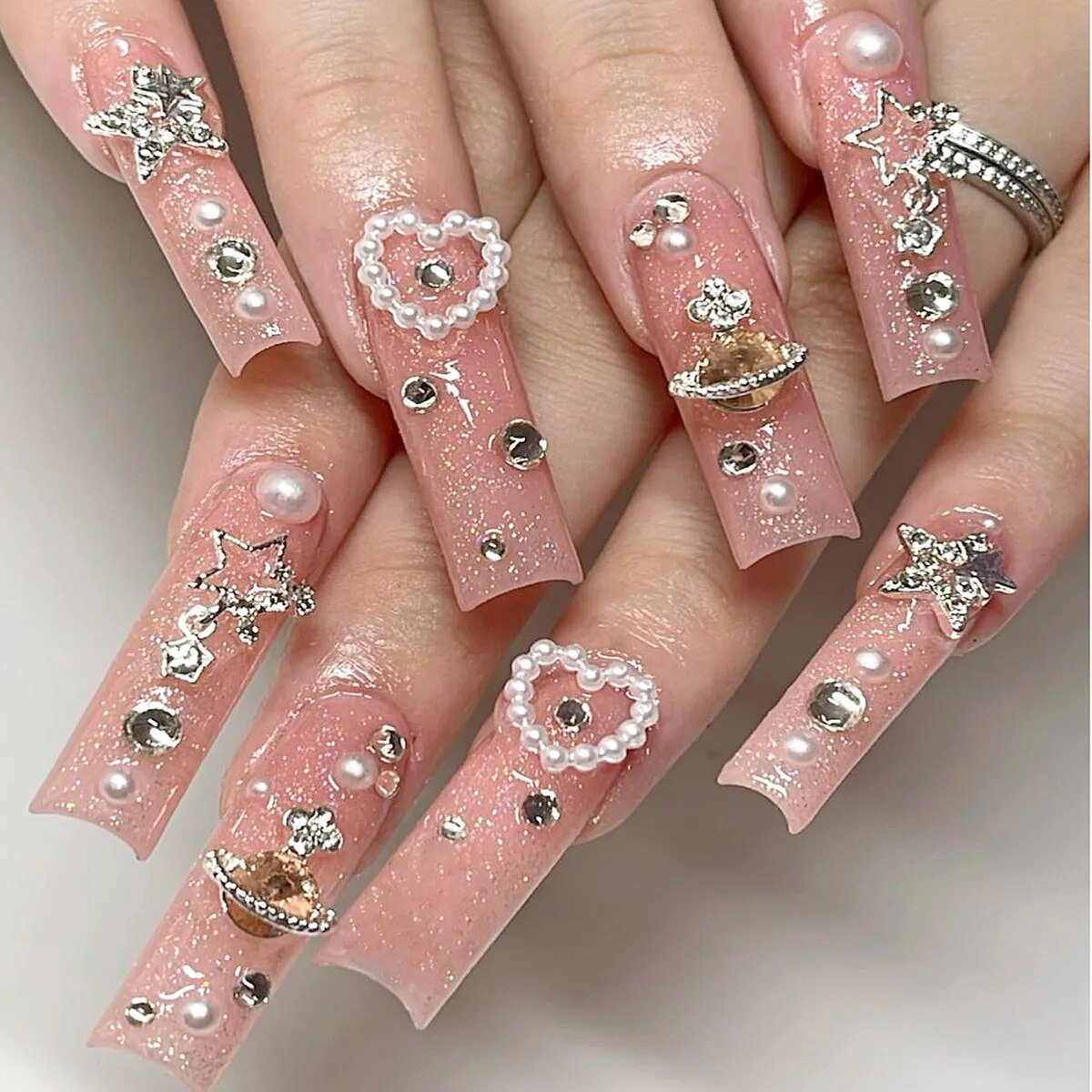 24Pcs Long Coffin White French False Nails Ballerina with Rhinestones Wearable Fake Nails Art Full Cover Press On Nails Tips