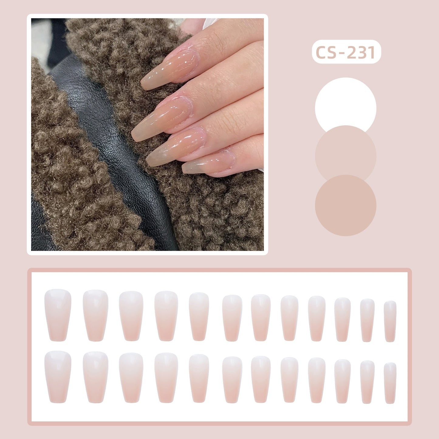 24PCS Khaki Nude Press On False Nails Tips Long Ballerina Pure Color Acrylic Fake Nails Coffin Full Cover Nail With Glue Designs