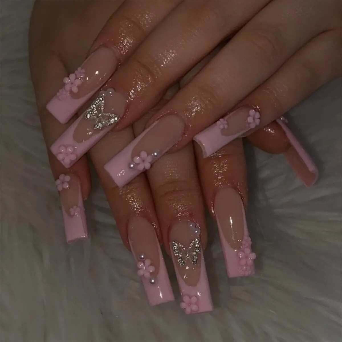 24Pcs Long Ballerina False Nails  Press on Nails Serpentine Flower with Rhinestones French Fake Nails Wearable White Nails Tips