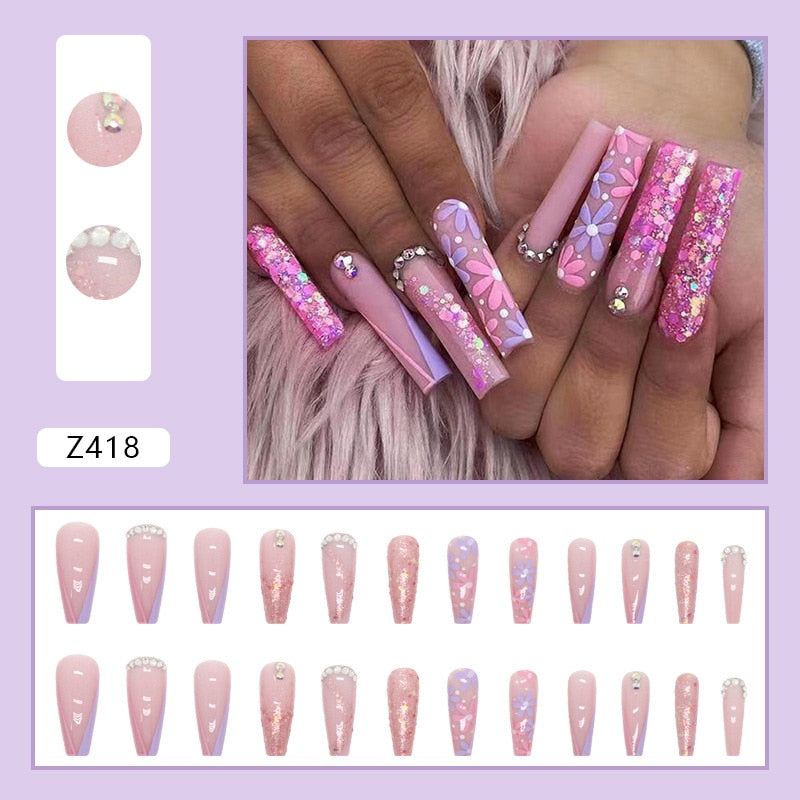 24Pcs Long Coffin False Nails Gold Glitter Sequins Designs Press On Full Cover Fake Nails Tips Wearable Manicure Art