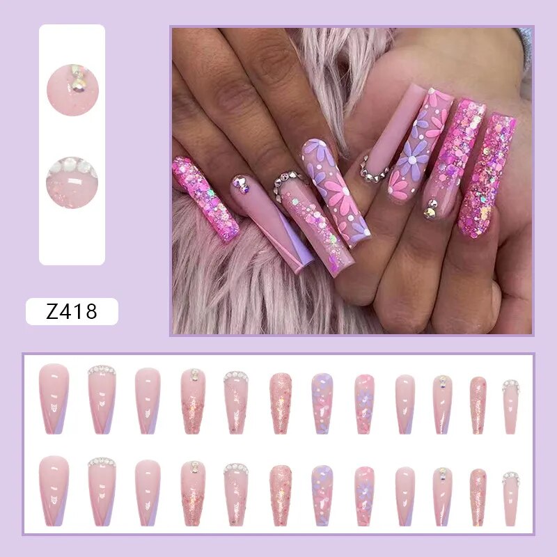 24Pcs Long Coffin False Nails Gold Glitter Sequins Designs Press On Full Cover Fake Nails Tips Wearable Manicure Art