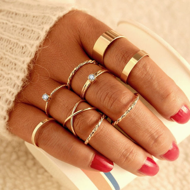 Bohemian Midi Knuckle Ring Set For Women Crystal Stars Moon Flower Love Crescent Geometric Coin Snake Finger Vintage Jewelry