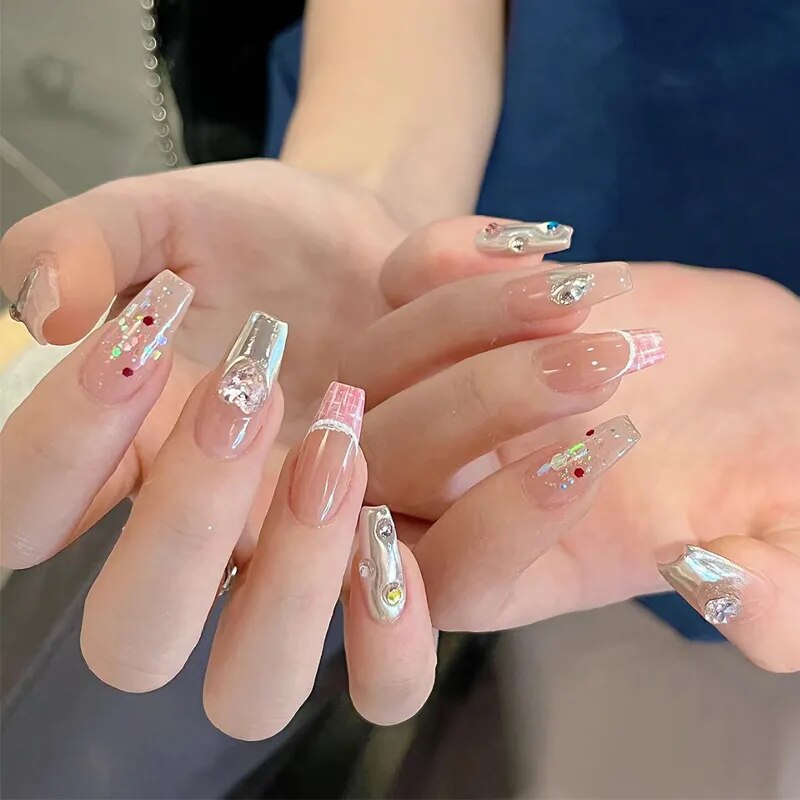 24pcs/box gradient French artifical nails with glue shiny star Fake Nails Lovely Girl korean press on nails ballerina False Nail