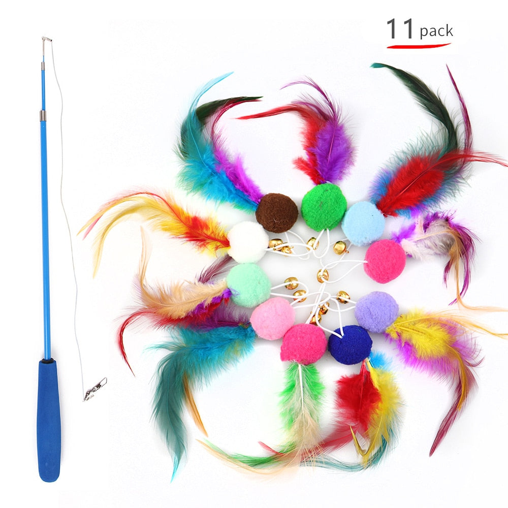 11Pcs Retractable Cat Feather Toy Set Retractable Cat Wand Toys and Replacement Teaser with Bell Refills Cat Toy for Indoor Cats