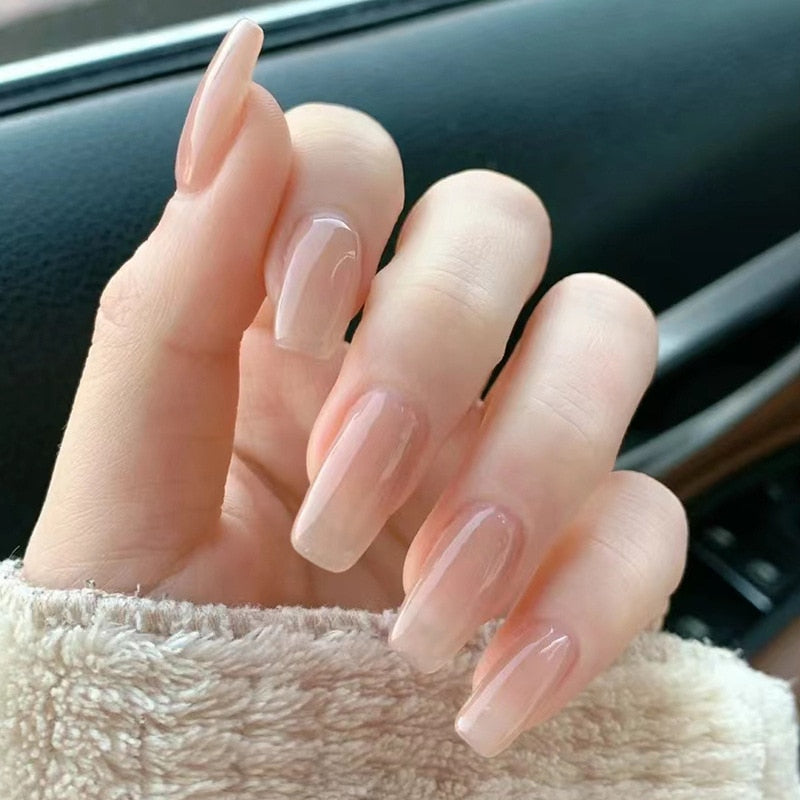 24pcs Long gradient nude false nail with glue simple artifical press on nails acrylic nails natural stick on nails set