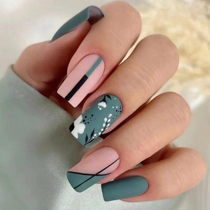 24Pcs Simple False Nails with White Edged Designs Long Ballerina Fake Nails Wearable Coffin French Nails Tips Press on Nails