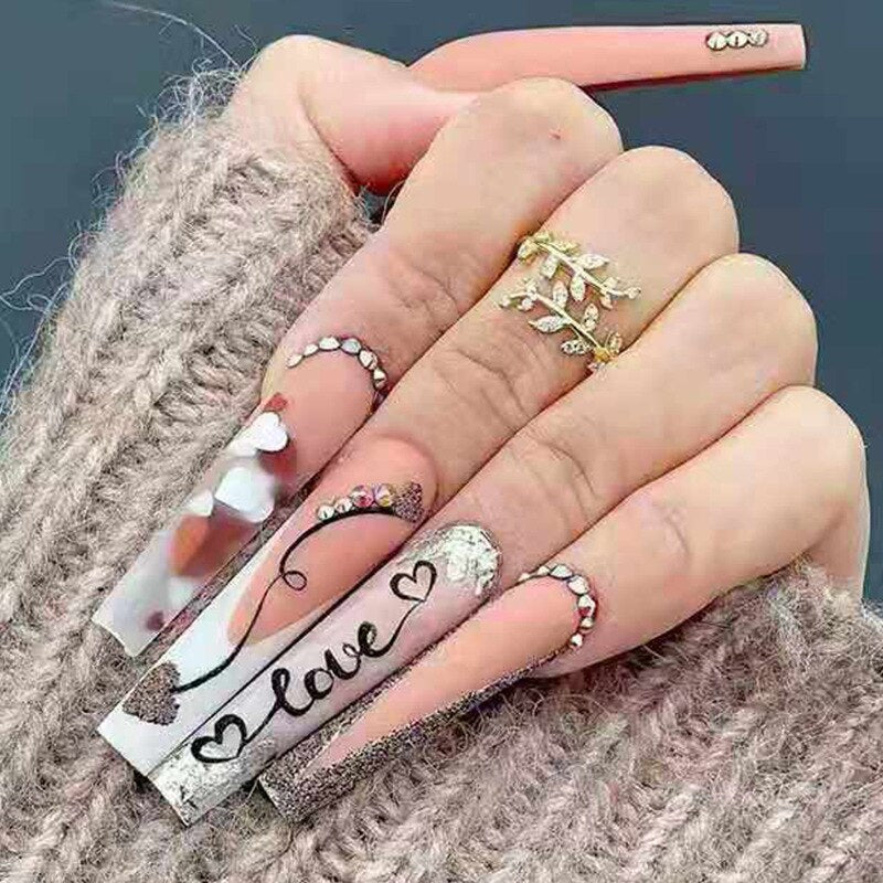 24Pcs Yellow False Nails Long Coffin Flower Butterfly with Rhinestones French Design Wearable Fake Nails Press on Nails Tips