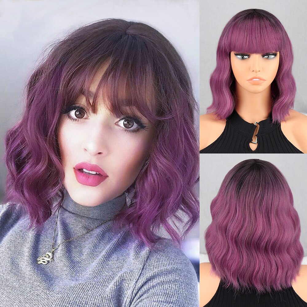 Short Bob Brown Dark Blue Synthetic Wig Women's Bangs Dark Blue Pink Black Wig Lolita Party Cosplay Everyday Use Natural Hair