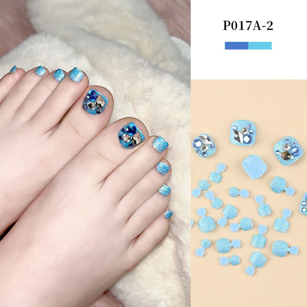 Artificial Toenails Glitter Rhinestones Sequins Fake Toenails Full Cover Short Square Toe Nails Foot Nails Tips for Women Girls