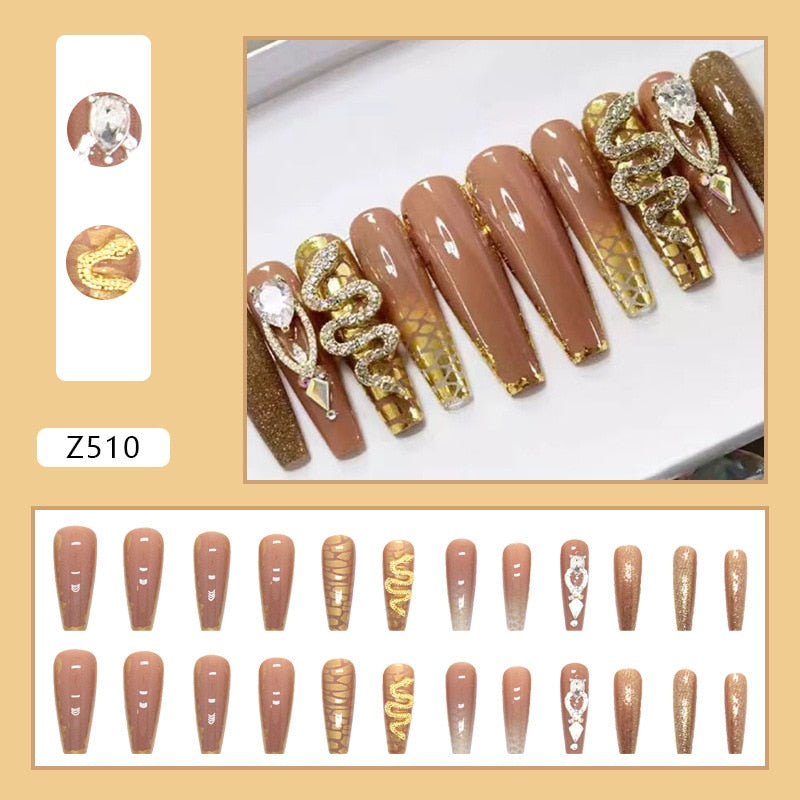 24Pcs Long Coffin False Nails with Glue Wearable Brown Fake Nails with   Rhinestones Ballet Press on Nails Full Cover Nail Tips