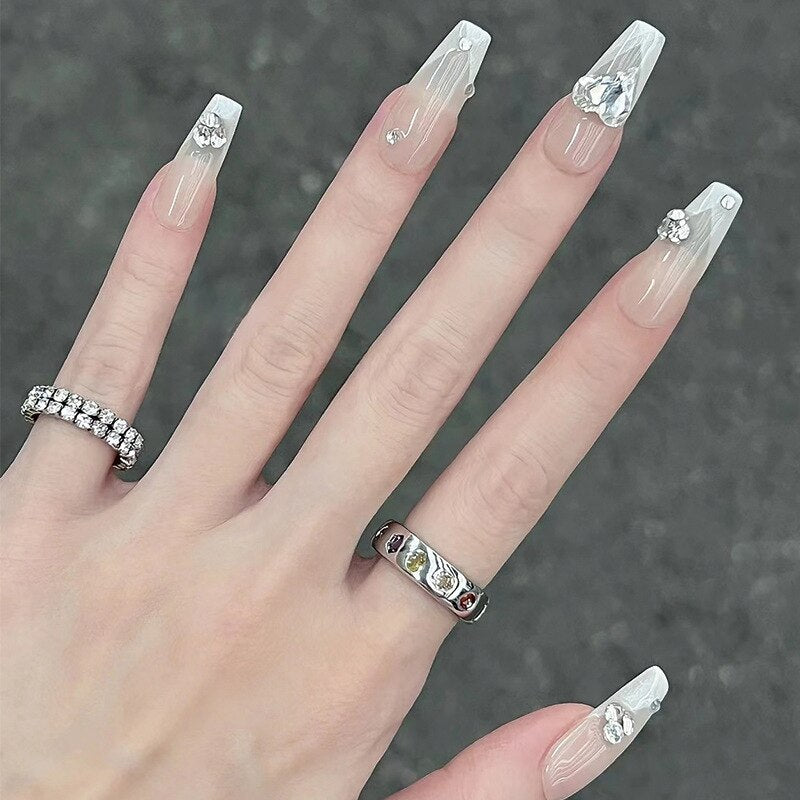 24pcs Wearable korean press on nails short ballet Artificial Nails with glue Cute sweet cool Pearl diamond Designs Fake Nails