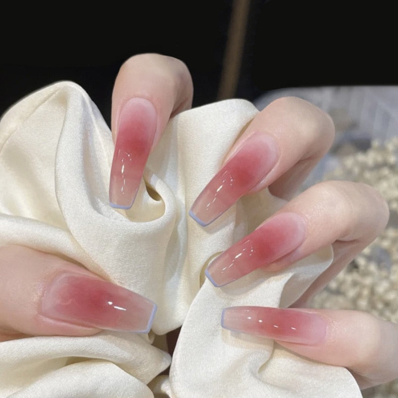 24pcs/Box Long Stiletto False Nails with Glue Red Nude Pink White MilkTea Color Jelly Nails Tips Full Cover Press On Nails