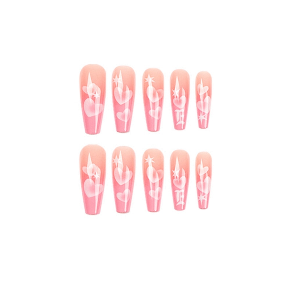 Long Pink Heart Coffin False Nails Star Shiny Pattern Design Ballerina Fake Nails Manicure Full Cover Nail Tips Press On Nails