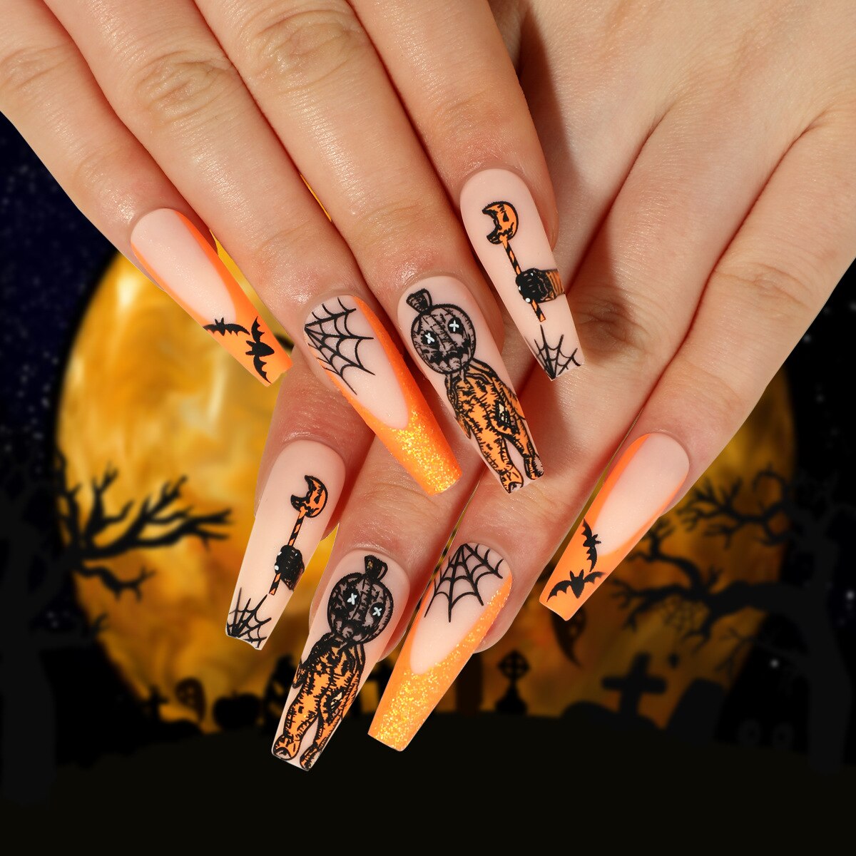 24Pcs Halloween Black Ghost Long Ballet False Nails With Heart Blood Design Halloween Press On Nails Detachable Full Cover Nails