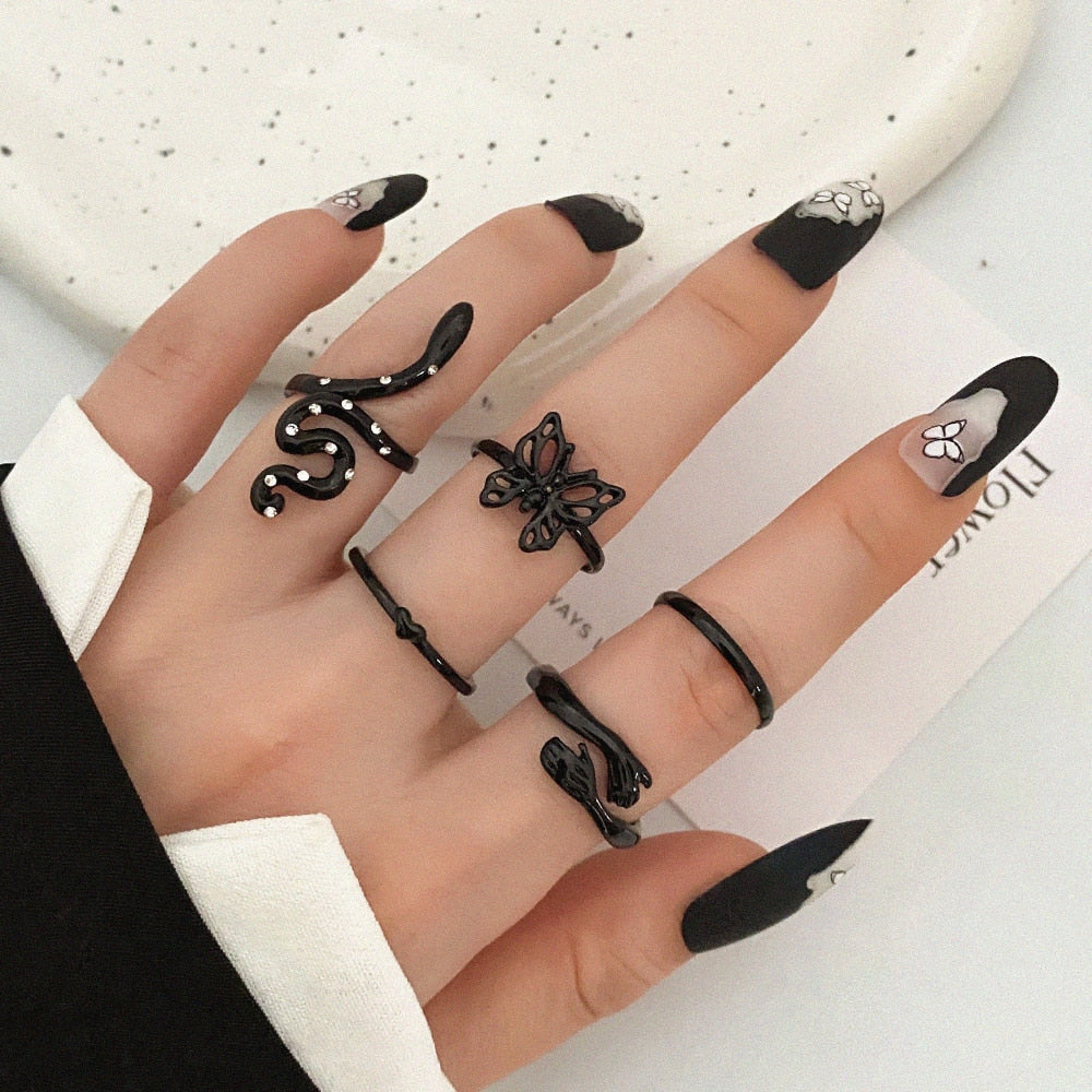 22pcs Heart Black Rings Set For Women Vintage Geometric Cross Pearl Butterfly Finger Rings Women Party Jewelry