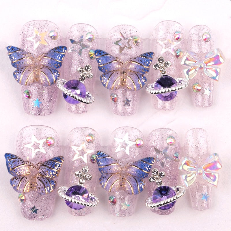 Purple Glitter Rhinestone Butterfly Handmade Press On Nails Y2K Long Short False Nails Girl Jewelry Reusable Fake Nails Tips