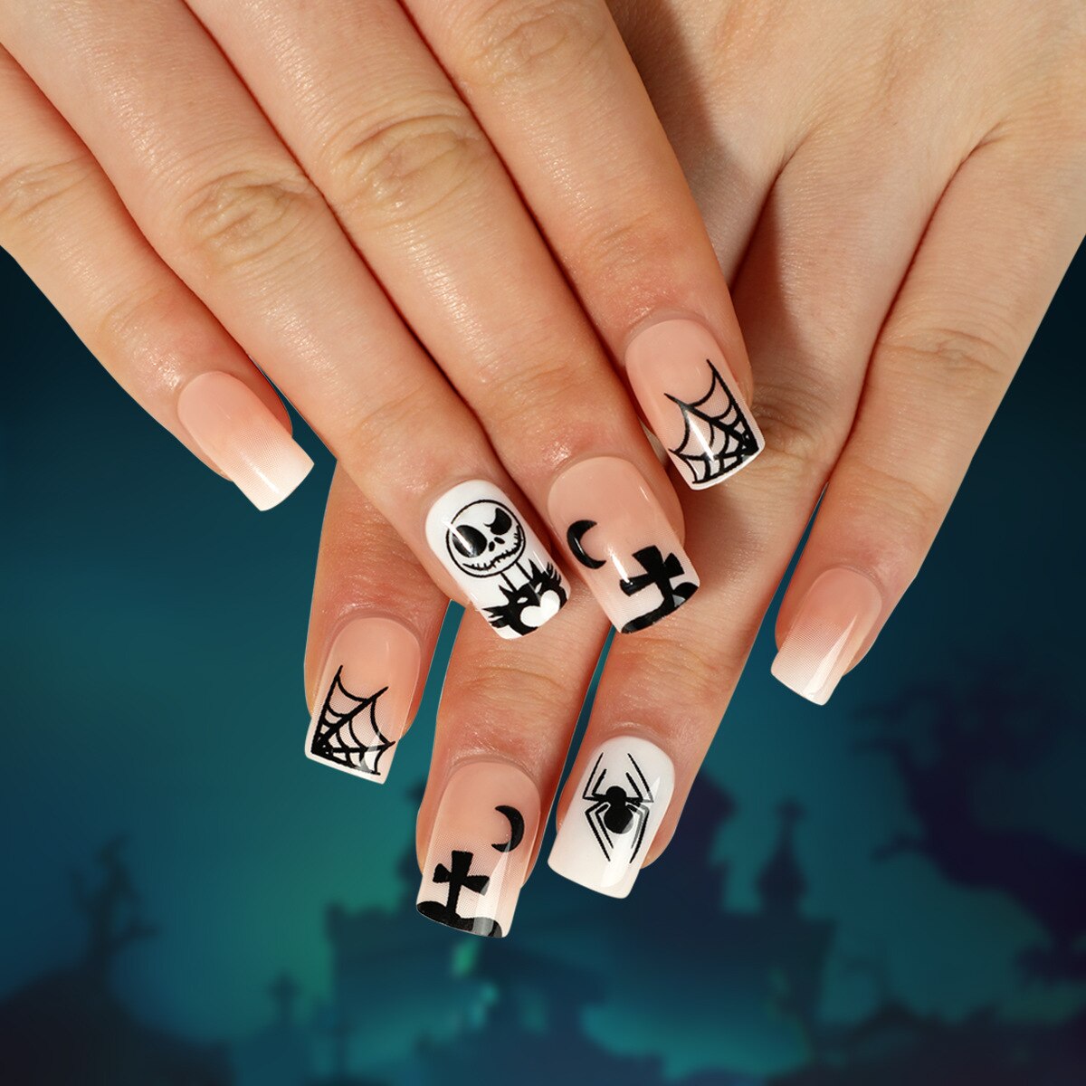 24Pcs Halloween False Nails Long Ballet Fake Nails with Ghost Cobweb Design Pink French Coffin Full Cover Press on Nail Tips