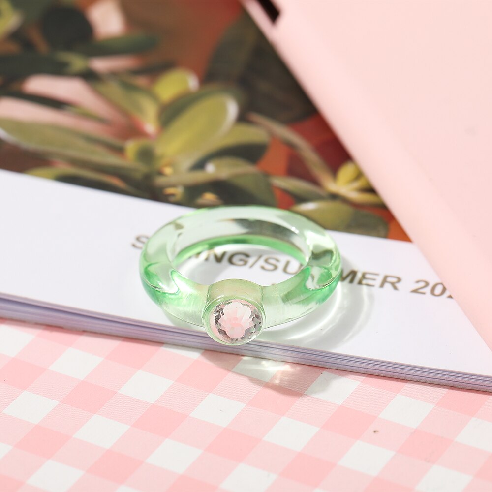 Colorful Transparent Resin Acrylic Crystal Rhinestone Simple Geometric Square Round Rings Set Jewelry