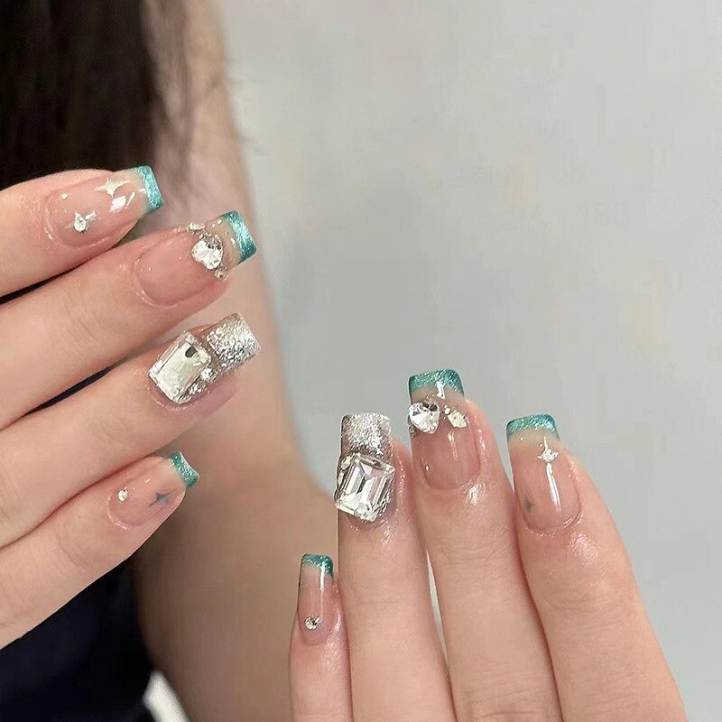 24pcs Wearable korean press on nails short ballet Artificial Nails with glue Cute sweet cool Pearl diamond Designs Fake Nails