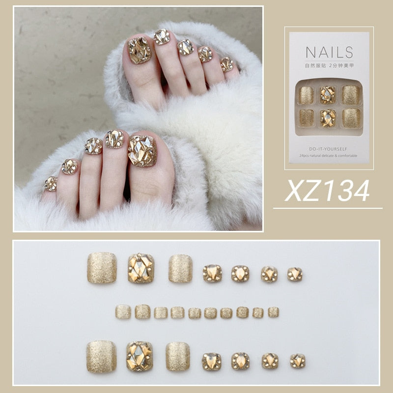 Gold Full Diamond Feet Nails Press On Fake Glitter Toe Nail Stickers Full Cover Toe Nail Tips False Foot Nails