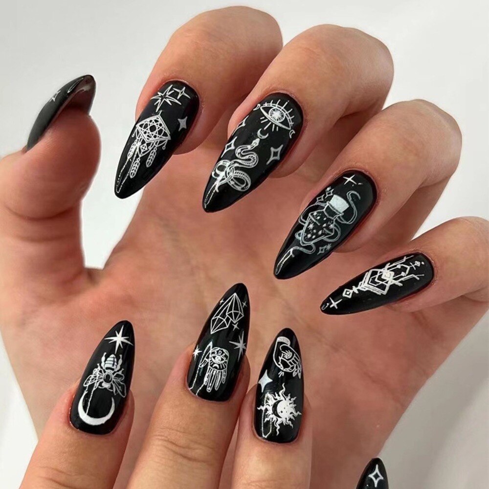 Long Stiletto False Nails with Black Edge French Gold Thread & Black Rhinestones Design Wearable Fake Nail Press on Manicure Tip