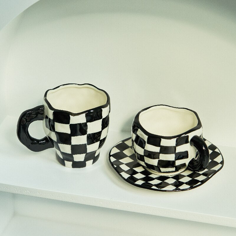 Chessboard Cup Irregular Handmade Ceramic Mug Coffee Tea Milk Water Cup Pink Girl Cup with Tray Cute Cup