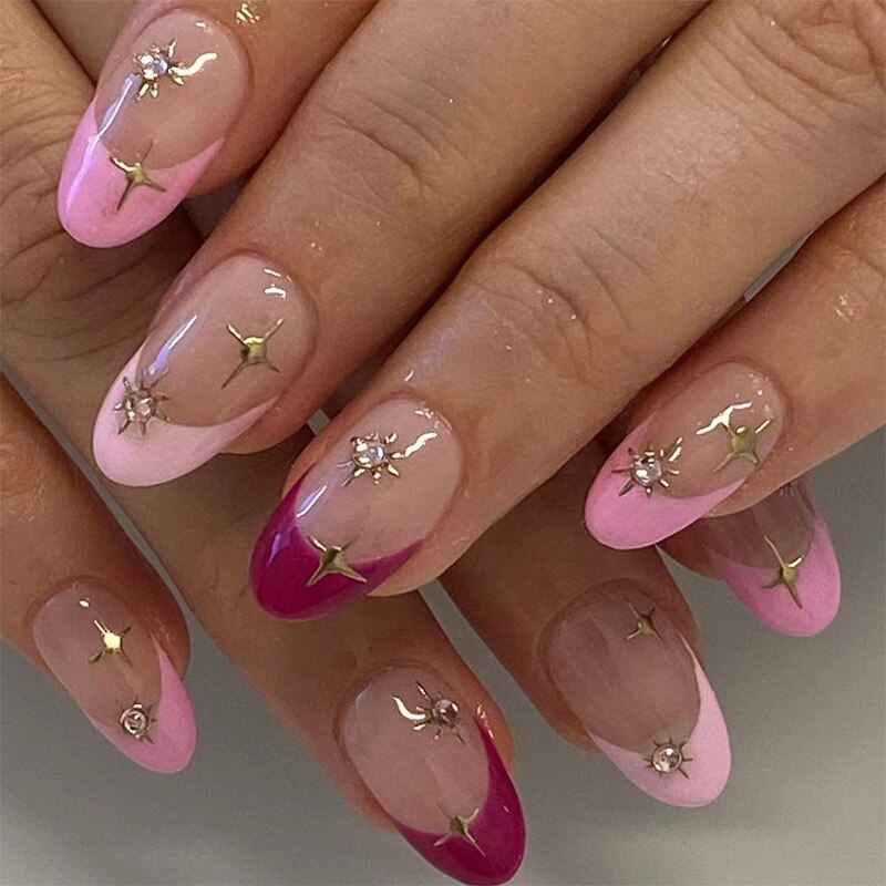 24Pcs Pink Round Head Almond Fake Nails with Heart Shape Rhinestone Wearable Ballerina False Nail Tips Full Cover Press on Nail