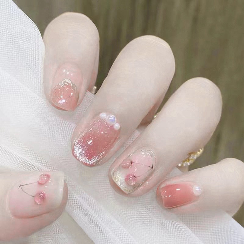 24pcs removeable short fake nails with glue Nude Pink artificial false nails with diamond designs acrylic press on nails