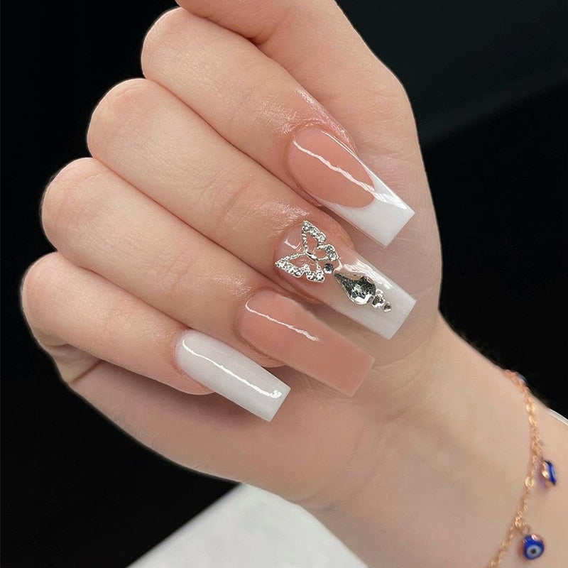 Fake Nails Square 24pcs White French With Rhinestones Artificial Ballerina Nails Manicure Nails Press On Nails False Nails