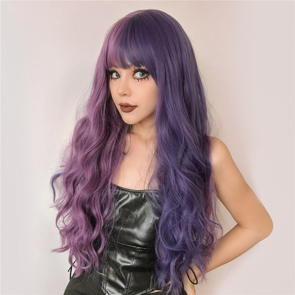 Purple Pink Long Wavy Synthetic Wig with Bangs Cosplay Christmas Halloween Hair Two Tone Ombre Wig For Women Heat Resistant