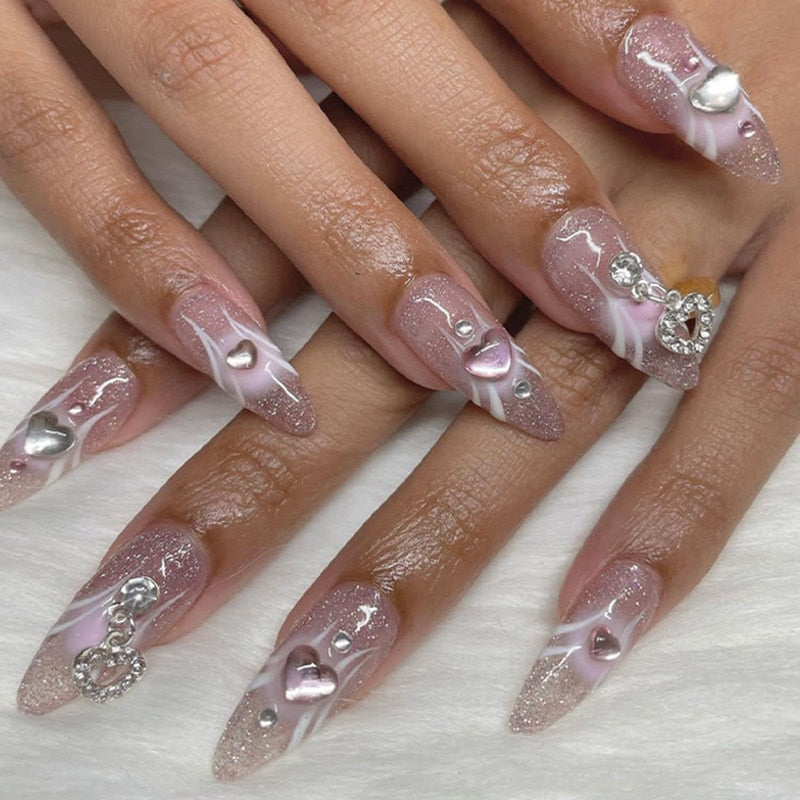 24Pcs Pink Round Head Almond Fake Nails with Heart Shape Rhinestone Wearable Ballerina False Nail Tips Full Cover Press on Nail