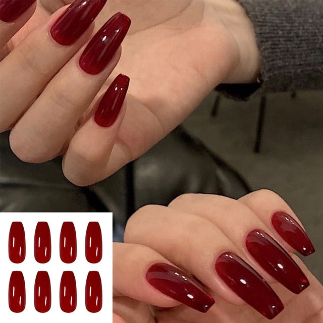 24pcs/Box Long Stiletto False Nails with Glue Red Nude Pink White MilkTea Color Jelly Nails Tips Full Cover Press On Nails